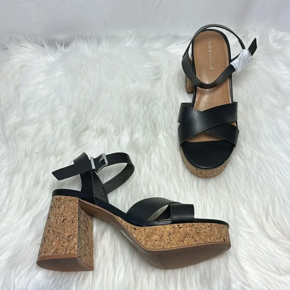 Lane Bryant NWT Dream Cloud Black‎ Faux Leather Cork Platform Heels Sz 10 WIDE